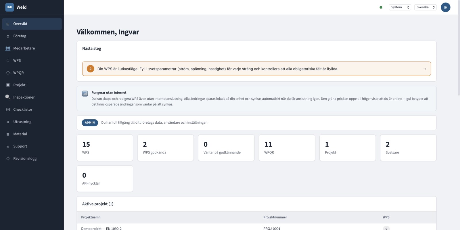 IGH Weld — Översiktssida med WPS-räknare och projekt