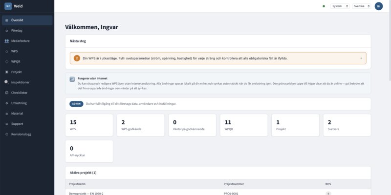 IGH Weld — Översiktssida med WPS-räknare och projekt